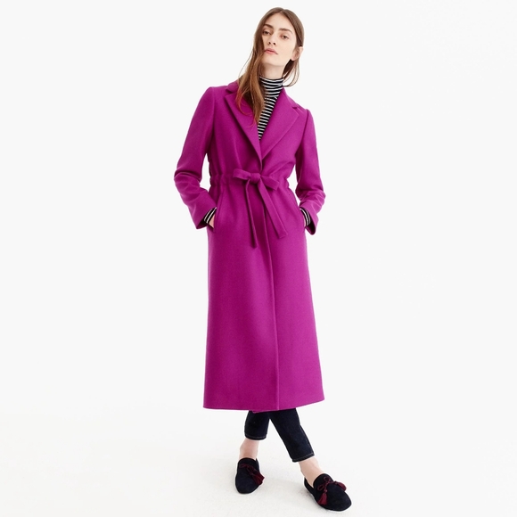 J Crew Long Wool Coat Pink Purple Tie Waist Trench Size 2 - Picture 6 of 8
